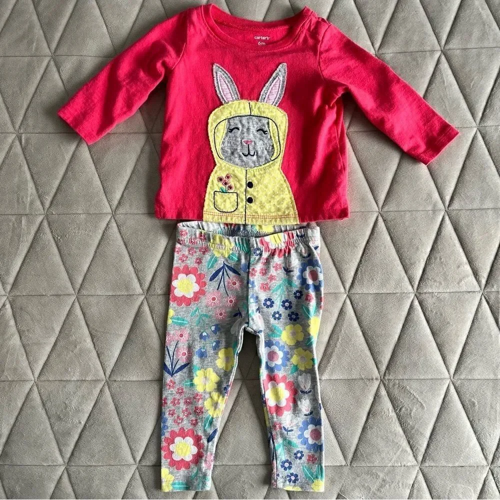 Carter's Girls Bunny In Yellow Raincoat and Floral Pants Outfit SET Size 6m